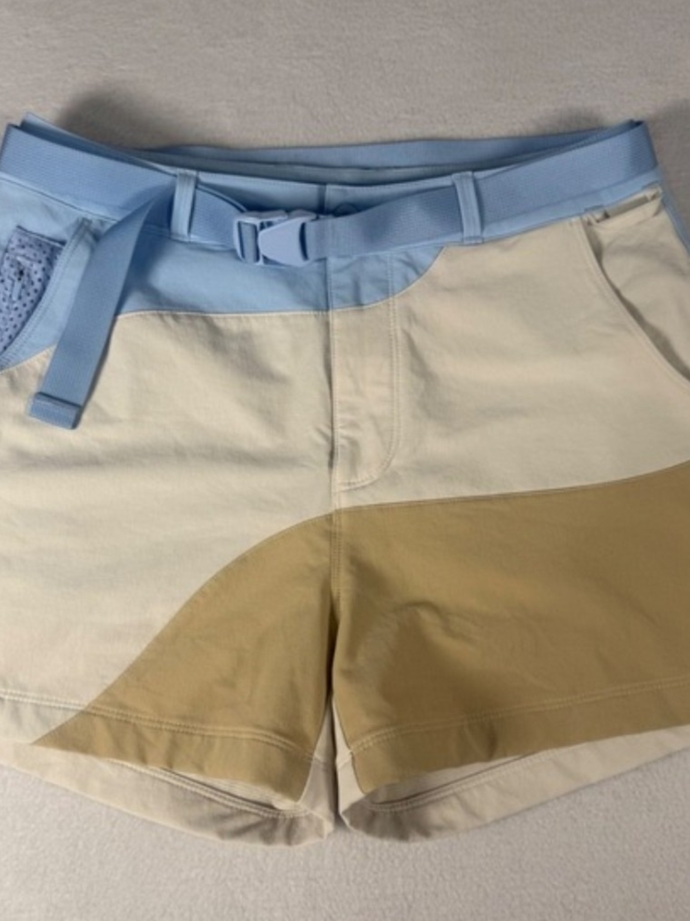 Outdoor Voices Colorblock High-Rise Shorts in Light Blue, Cream & Tan
